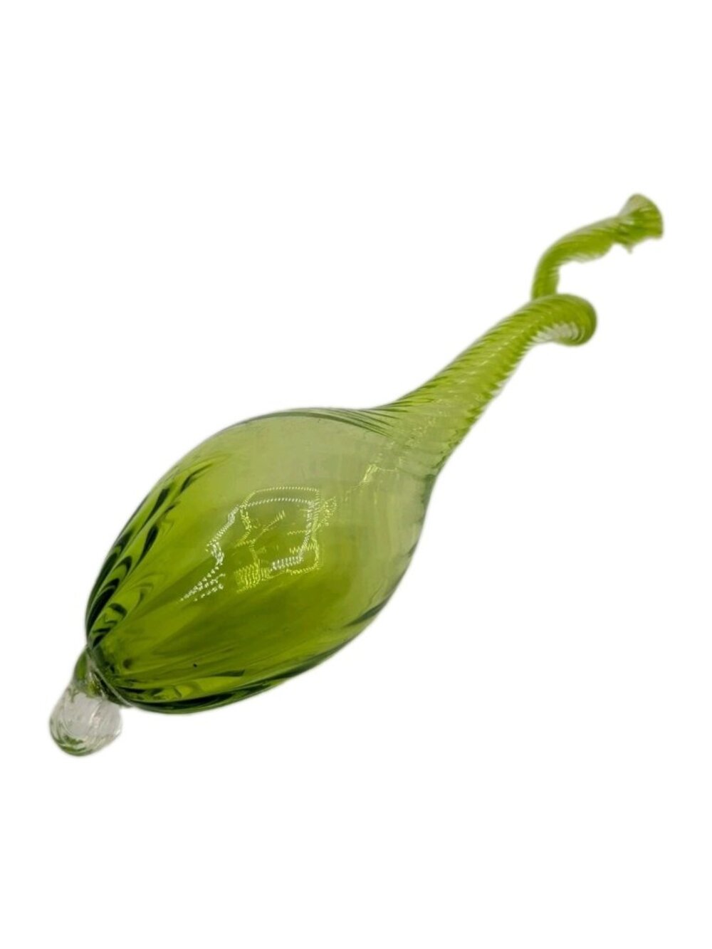Vtg Hand-Blown Green Glass Gourd Teardrop Swirl Ornament w/ Serpentine Tail hang